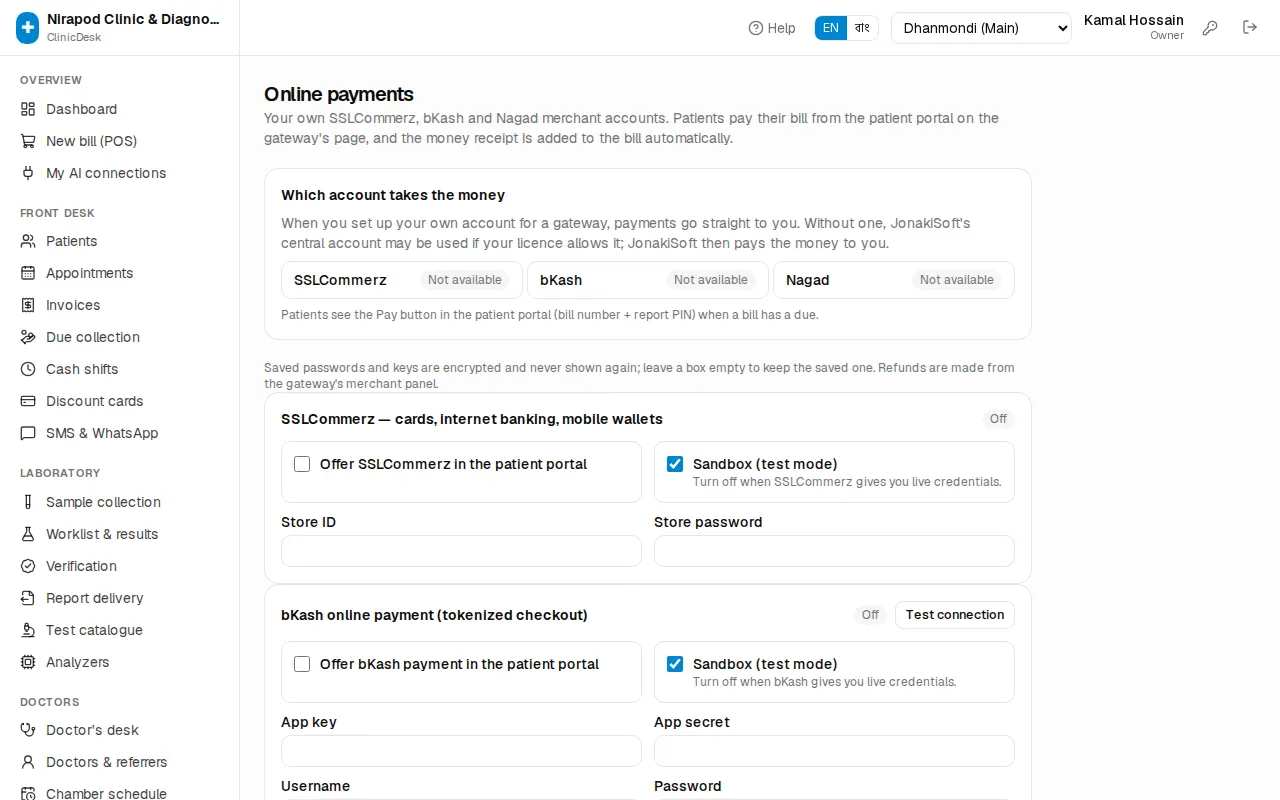 Online payment settings